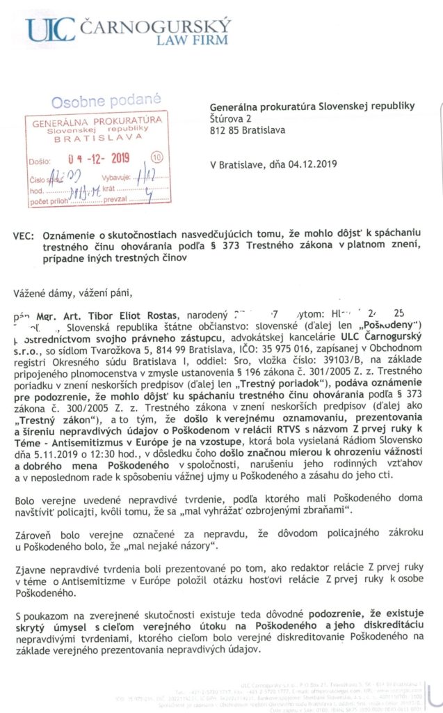 Advokátska kancelária Jána Čarnogurského podala trestné oznámenie za šírenie nepravdivých informácií o Rostasovi 1