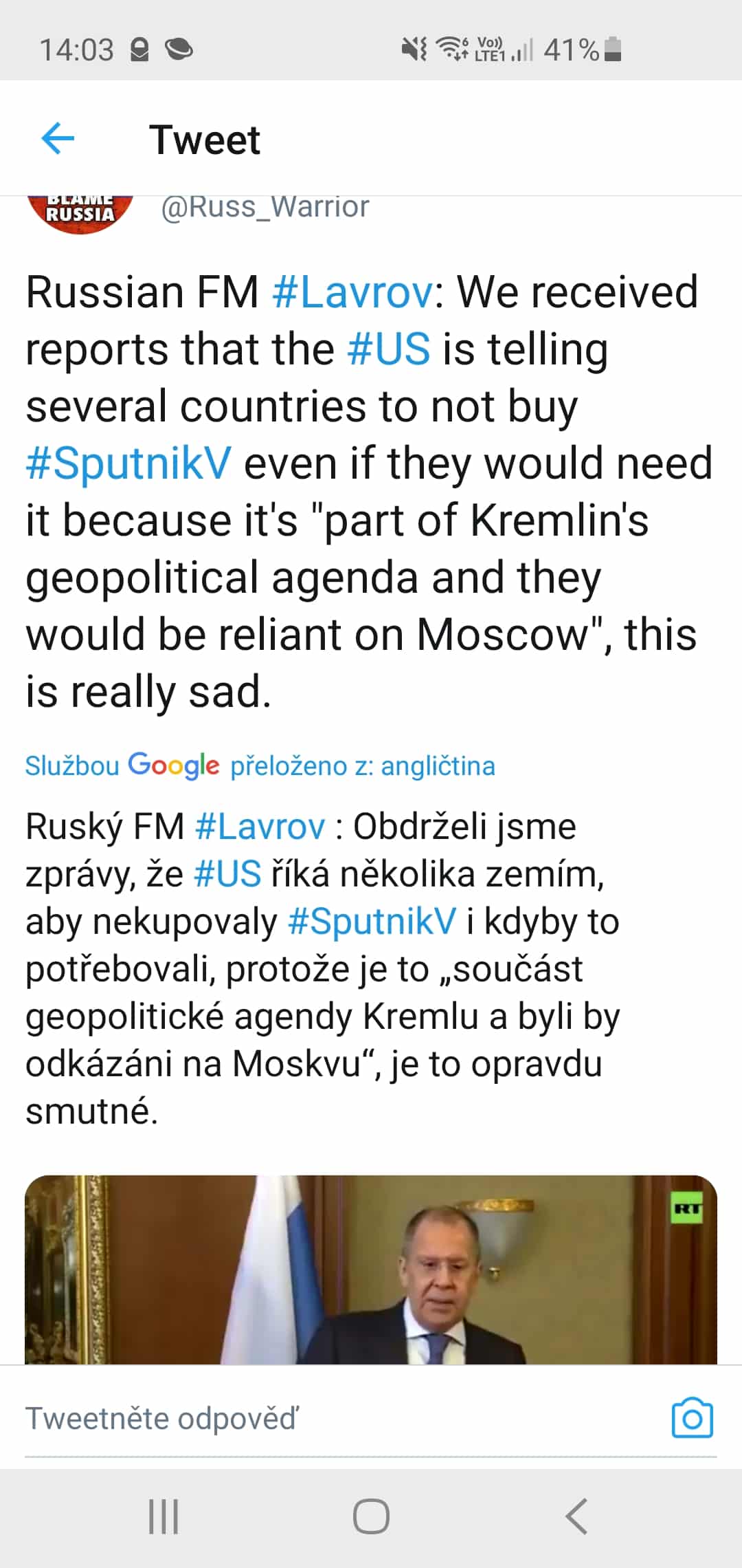 Lavrov oficiálne oznamuje, že vláda USA nalieha na ostatné krajiny, aby v rámci geopolitiky dali ruky preč od vakcíny Sputnik V. 1