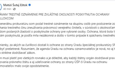 Matúš Šutaj Eštok podáva trestné oznámenie pre zvláštne okolnosti poskytnutia ochrany čurillovcom.